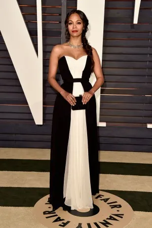 Zoe Saldana black and white chiffon red carpet dress at 2015 Vanity Fair Oscars Party
