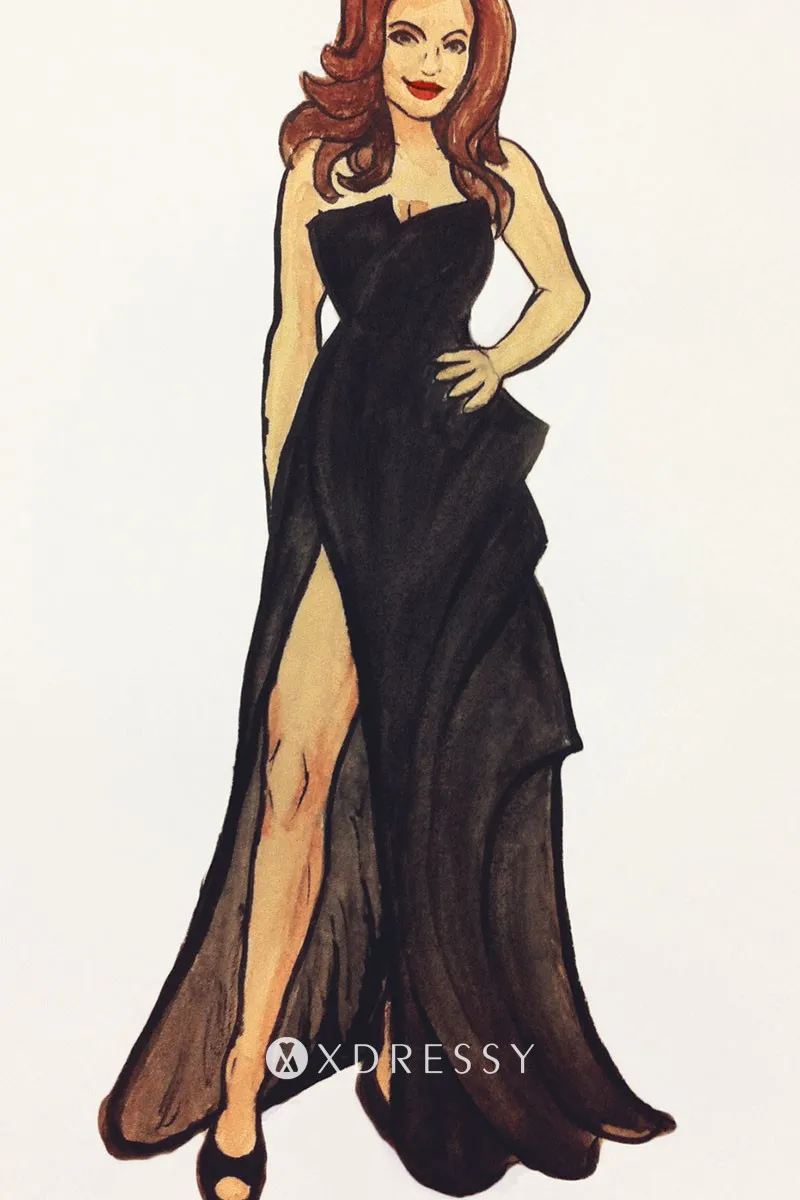black strapless thigh high slit celebrity prom dress