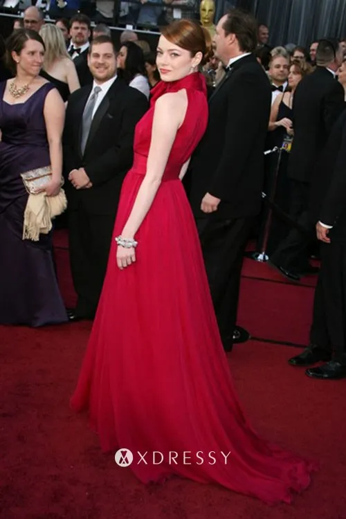 Emma Stone unique bowknot high neck closed back hot hot pink dress Emma Stone unique bowknot high neck closed back hot hot pink dress