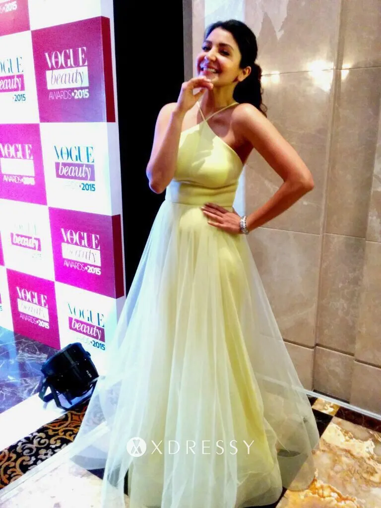 Anushka Sharma mustard green jersey with tulle overlay celebrity prom dress Anushka Sharma mustard green jersey with tulle overlay celebrity prom dress