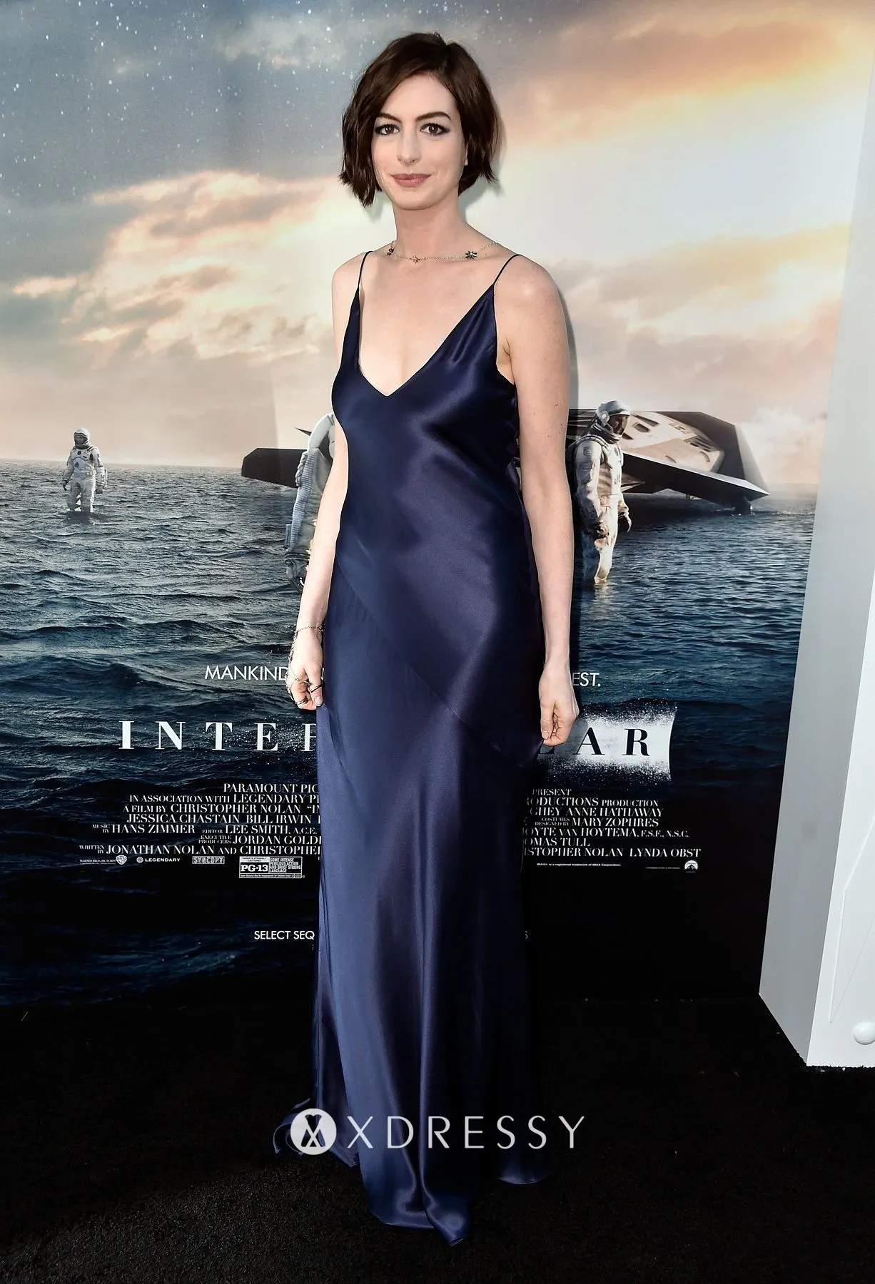 Anne Hathaway slip navy satin V neck long dress