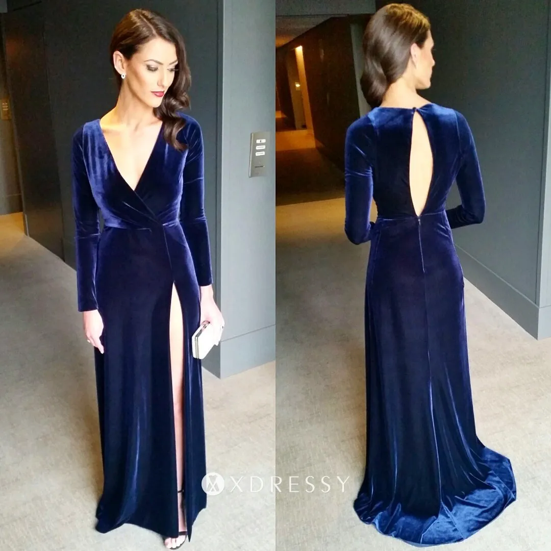 Navy blue velvet A line long simple evening gown Navy blue velvet A line long simple evening gown