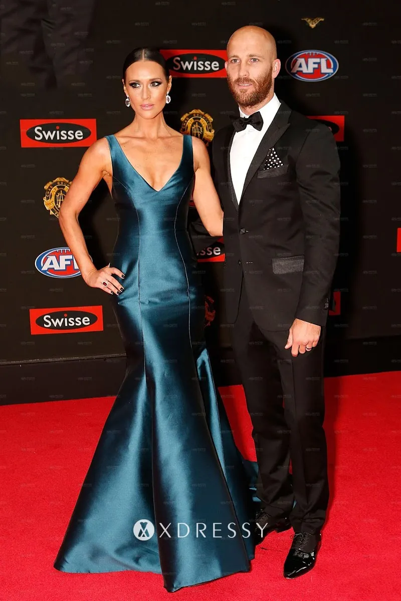 Teal satin V neck mermaid floor length red carpet dress Teal satin V neck mermaid floor length red carpet dress