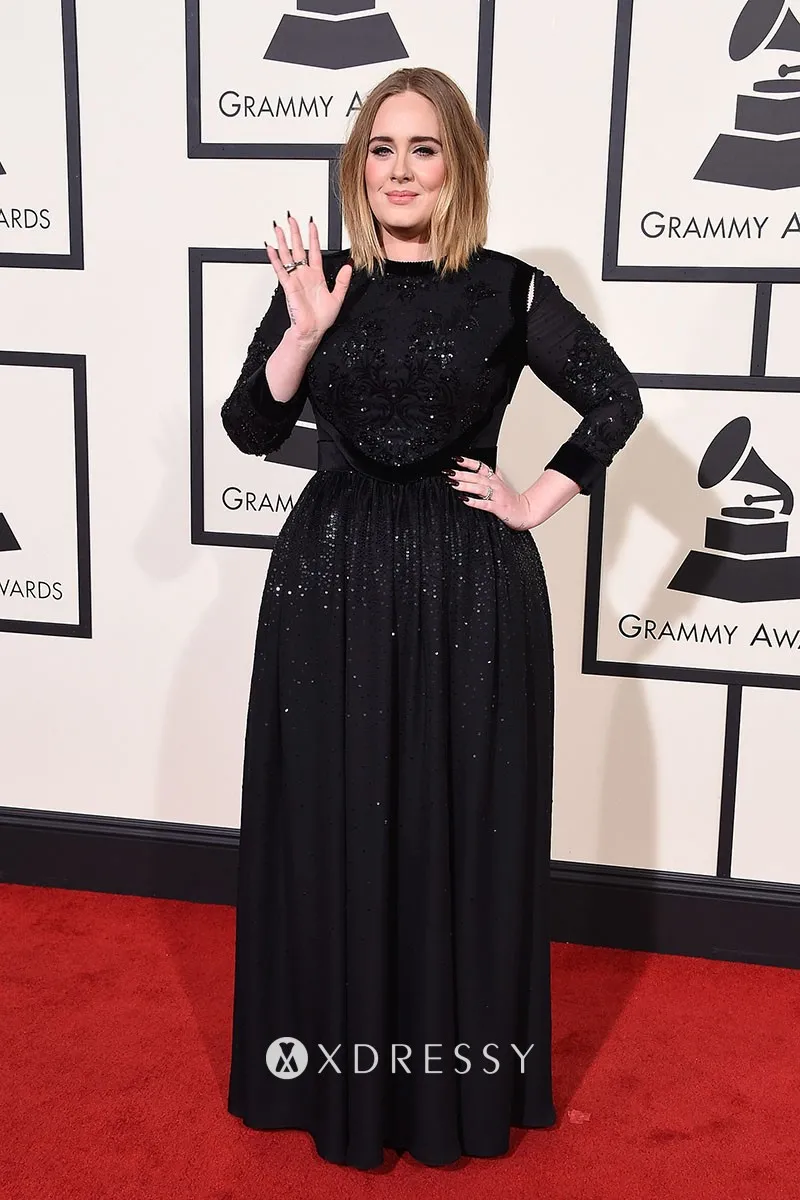 Adele black sequinned long sleeve natural waist A line long formal dress Adele black sequinned long sleeve natural waist A line long formal dress
