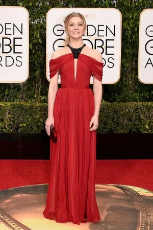 Natalie Dormer ruby red pleated chiffon red carpet dress at Golden Globes 2016