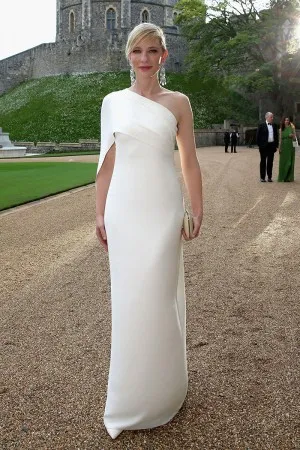 Cate Blanchett Grecian style one shoulder white chiffon celebrity dress at Charity Gala Dinner Party