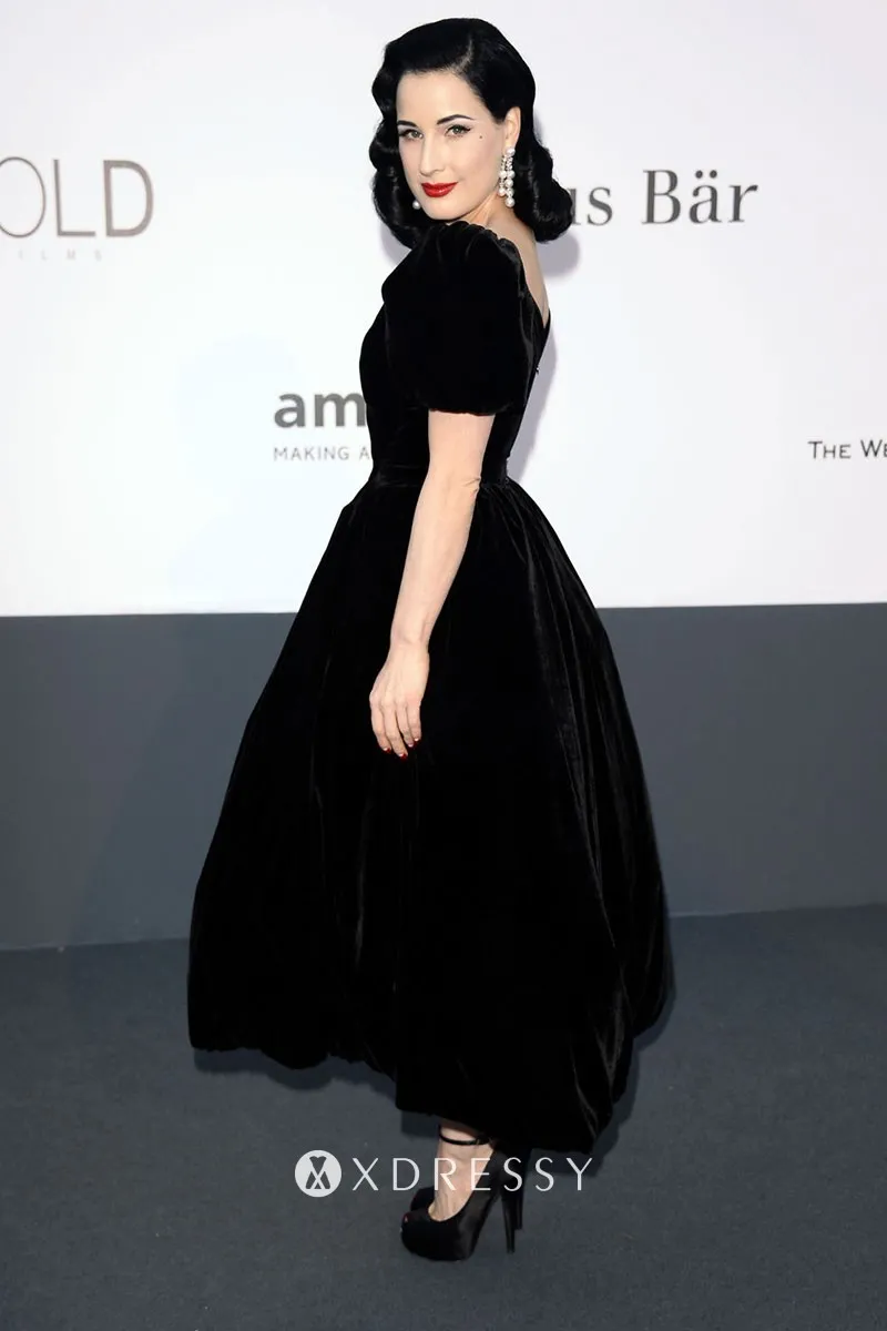 Dita Von Teese black velvet tea length dress at amfAR 2013 Dita Von Teese black velvet tea length dress at amfAR 2013