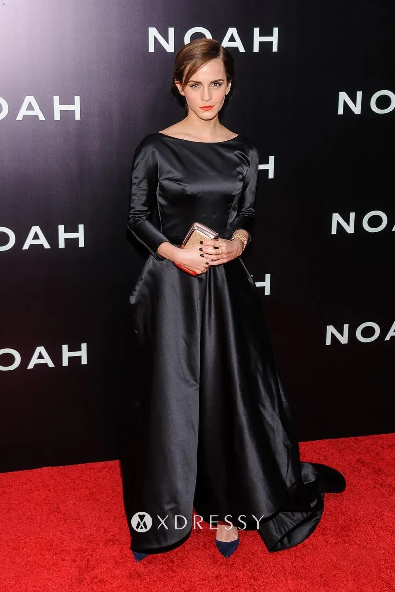 Emma Watson black satin bateau neck 34 sleeve prom dress