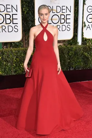 Taylor Schilling ruby red matt satin red carpet dress at Golden Globes 2015