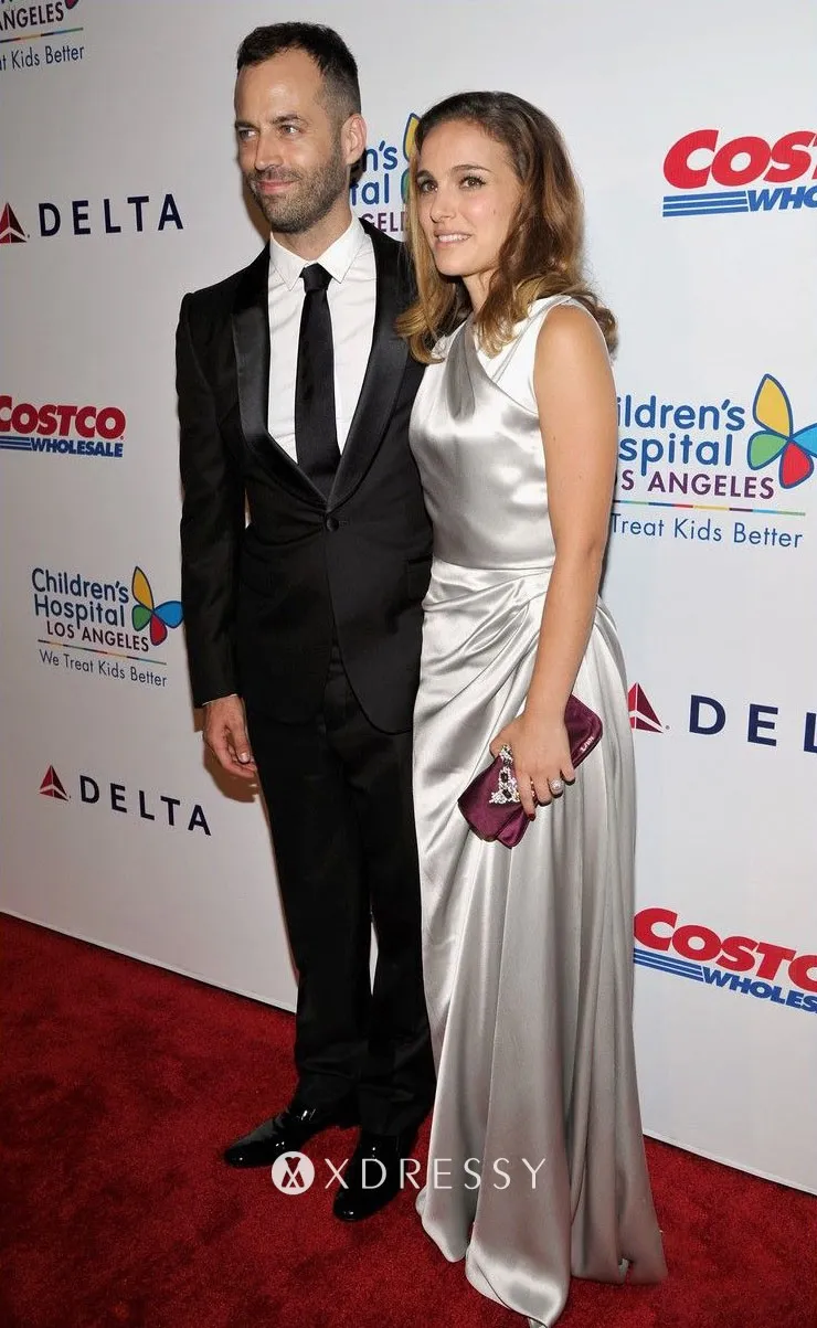 Natalie Portman silver satin sleeveless asymmetrical draped red carpet dress Natalie Portman silver satin sleeveless asymmetrical draped red carpet dress