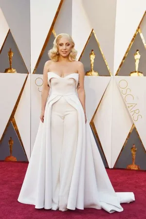 Lady Gaga unique ivory soft satin culotte red carpet dress at Oscars 2016