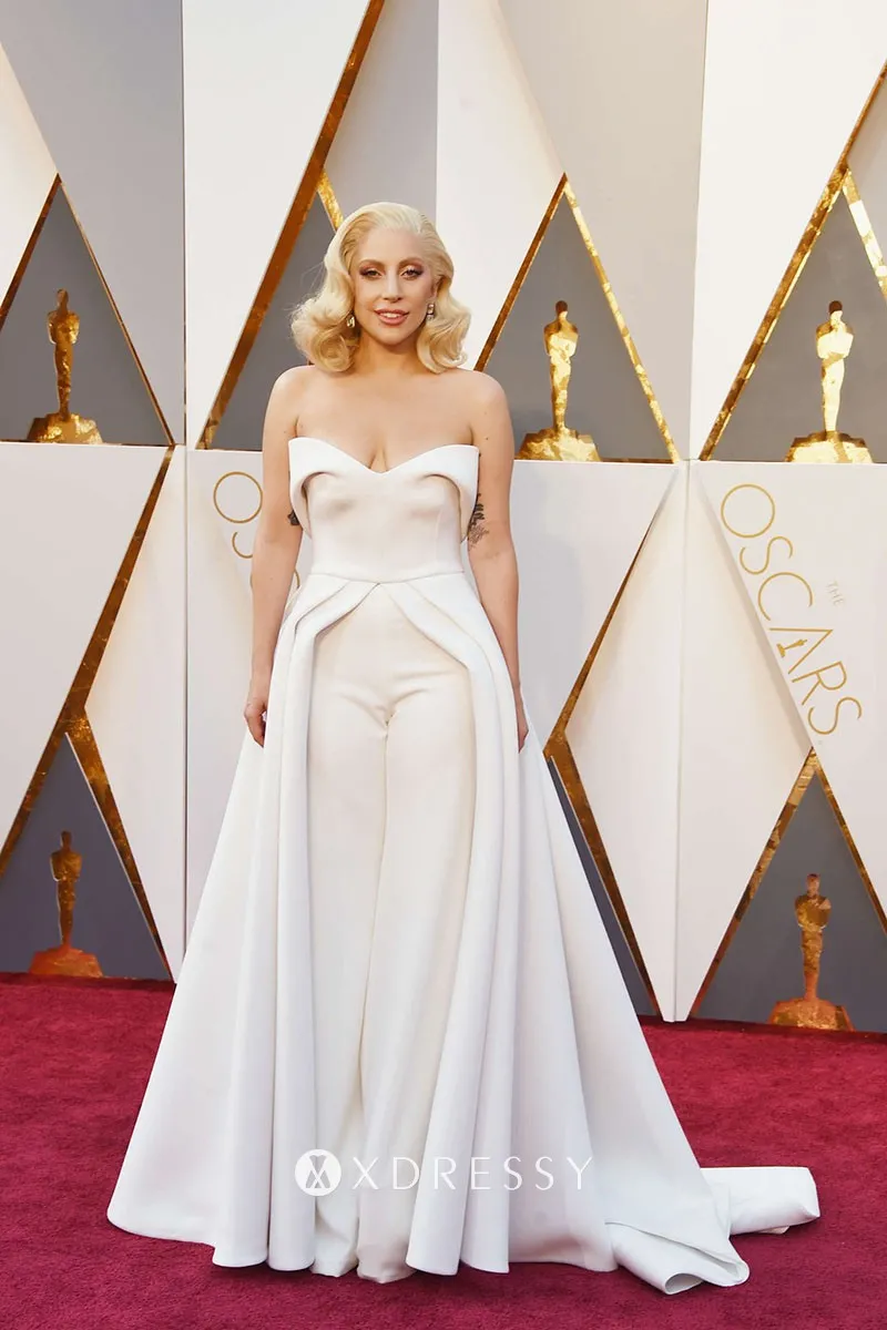 Lady Gaga unique ivory soft satin culotte red carpet dress at Oscars 2016