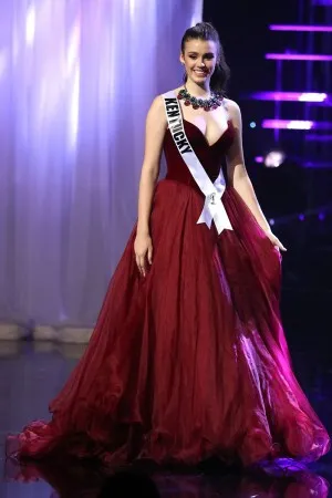 Gorgeous burgundy strapless v neck pageant gown