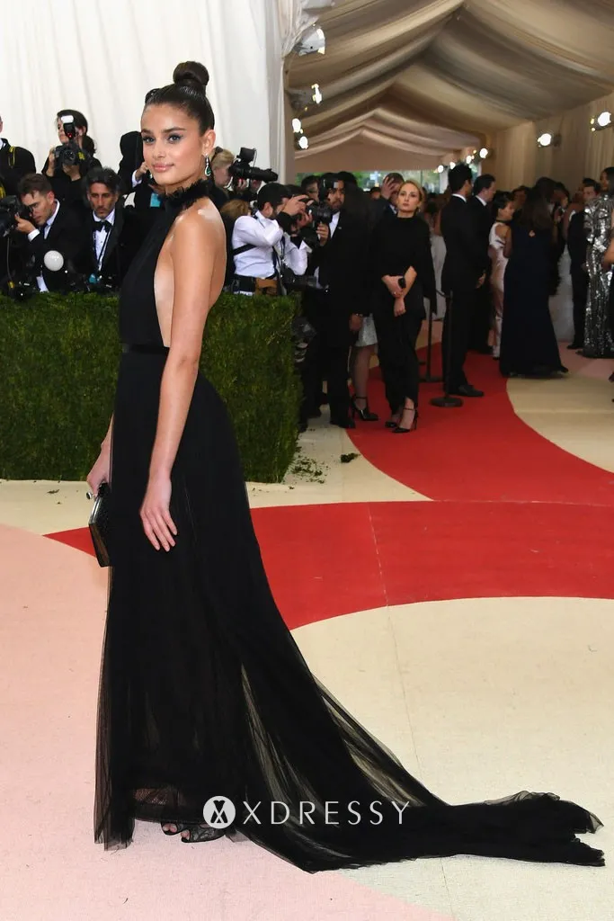 Taylor Hill black tulle red carpet long train prom dress Taylor Hill black tulle red carpet long train prom dress