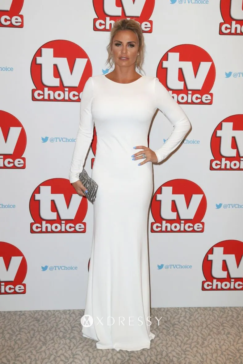 Katie Price pure white jersey red carpet dres at TV Choice Awards 2016