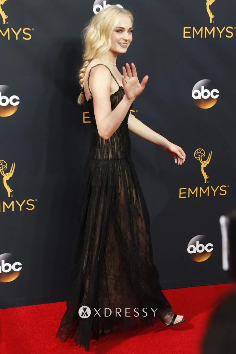 Sophie Turner illusion black lace overlay long evening formaldress Sophie Turner illusion black lace overlay long evening formaldress