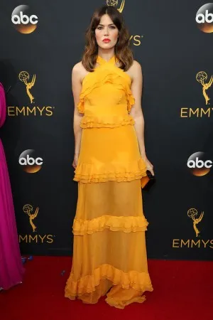 Mandy Moore yellow tiered ruffled red carpet dress at Emmys 2016