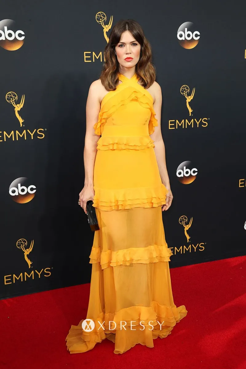 Mandy Moore yellow tiered ruffled sheer chiffon prom dress