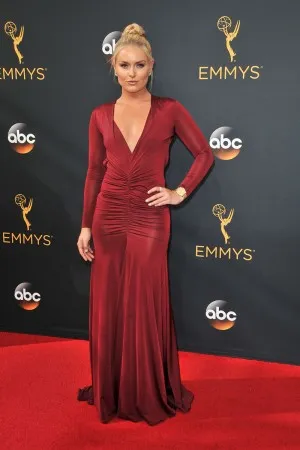 Lindsey Vonn gathered pleated burgundy fit and flare red carpet evening dress