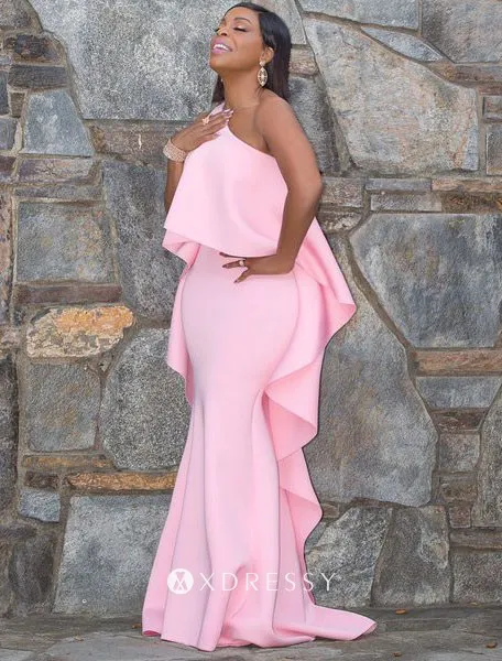 Niecy Nash ruffled one shoulder pink celebrity mermaid long prom dress Niecy Nash ruffled one shoulder pink celebrity mermaid long prom dress
