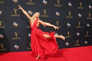 Jessie Graff red chiffon red carpet dress at Emmys 2016