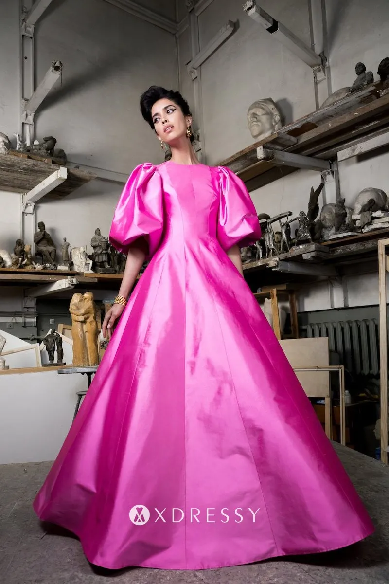 fuchsia satin crew neck long evening gown with puffed sleeves fuchsia satin crew neck long evening gown with puffed sleeves