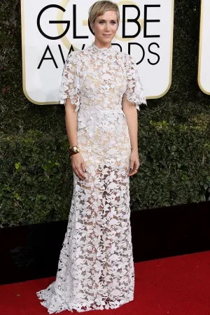 Kristen Wiig white see through venice lace red carpet dress at Golden Globe Awards 2017