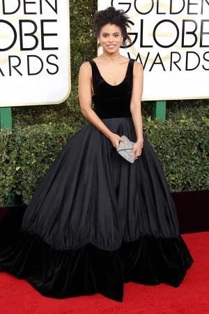 Zazie Beetz black red carpet dress at Golden Globes 2017
