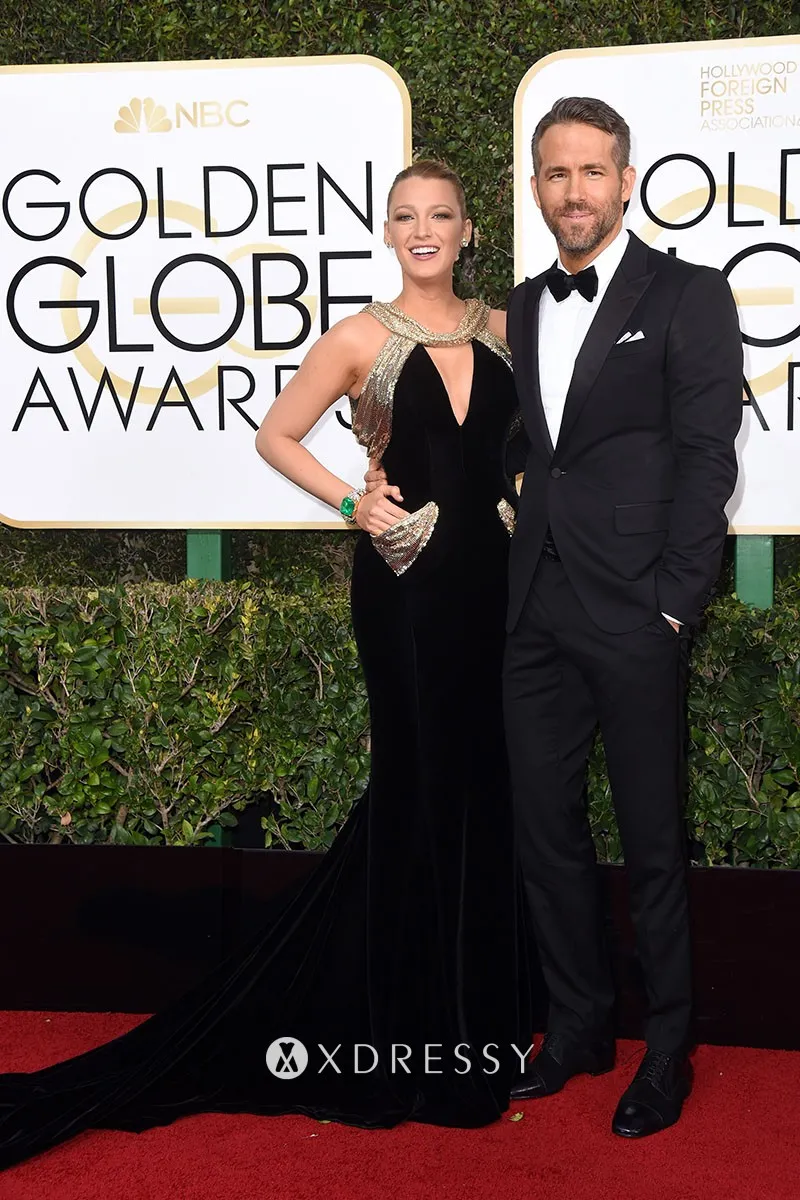 Blake Lively gold glitter straps black long train celebrity prom dress