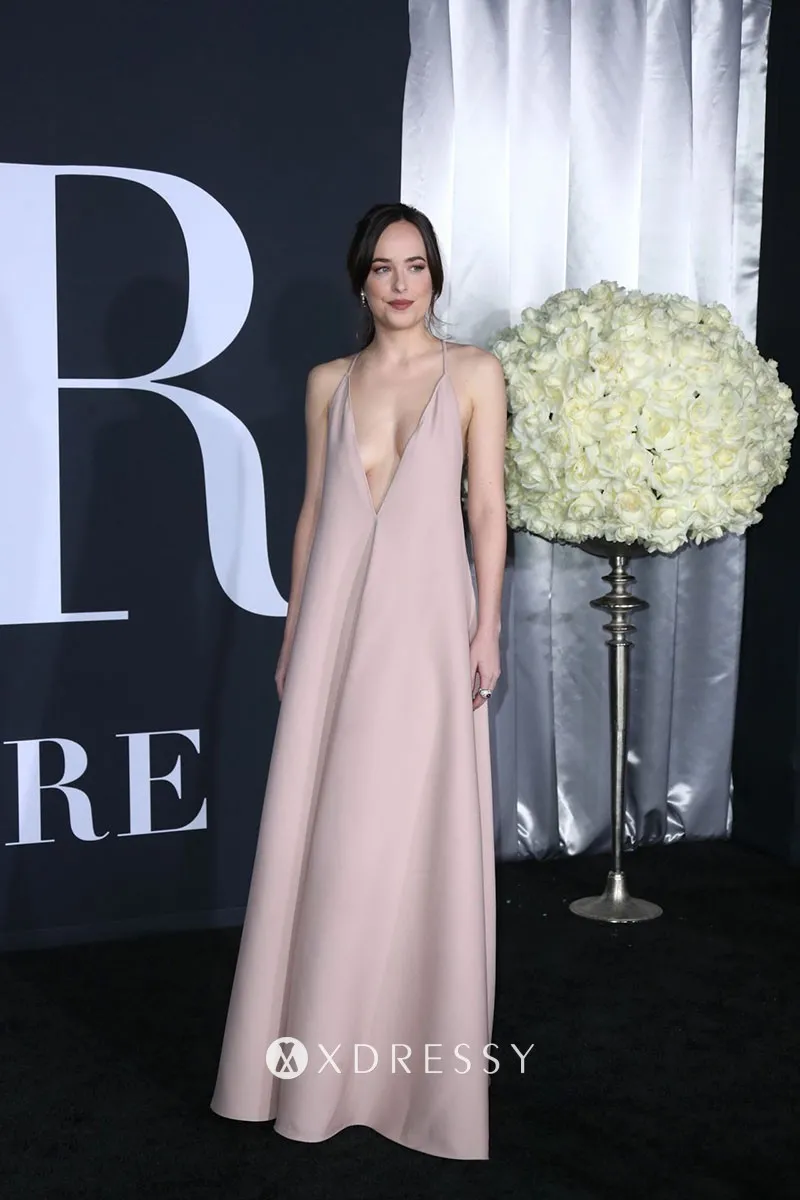 Dakota Johnson plunging V neck long evening gown Dakota Johnson plunging V neck long evening gown