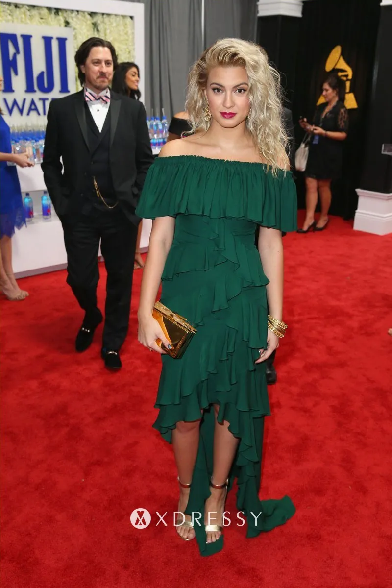 Tori Kelly asymmetrical ruffled off the shoulder green high low graduation party dress Tori Kelly asymmetrical ruffled off the shoulder green high low graduation party dress