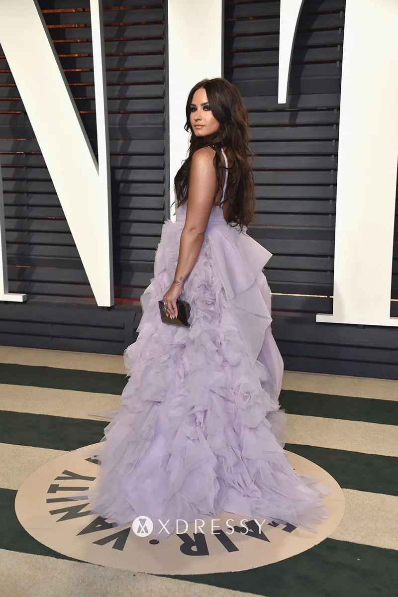 Demi Lovato cascading ruffled lavender organza celebrity prom ball gown Demi Lovato cascading ruffled lavender organza celebrity prom ball gown