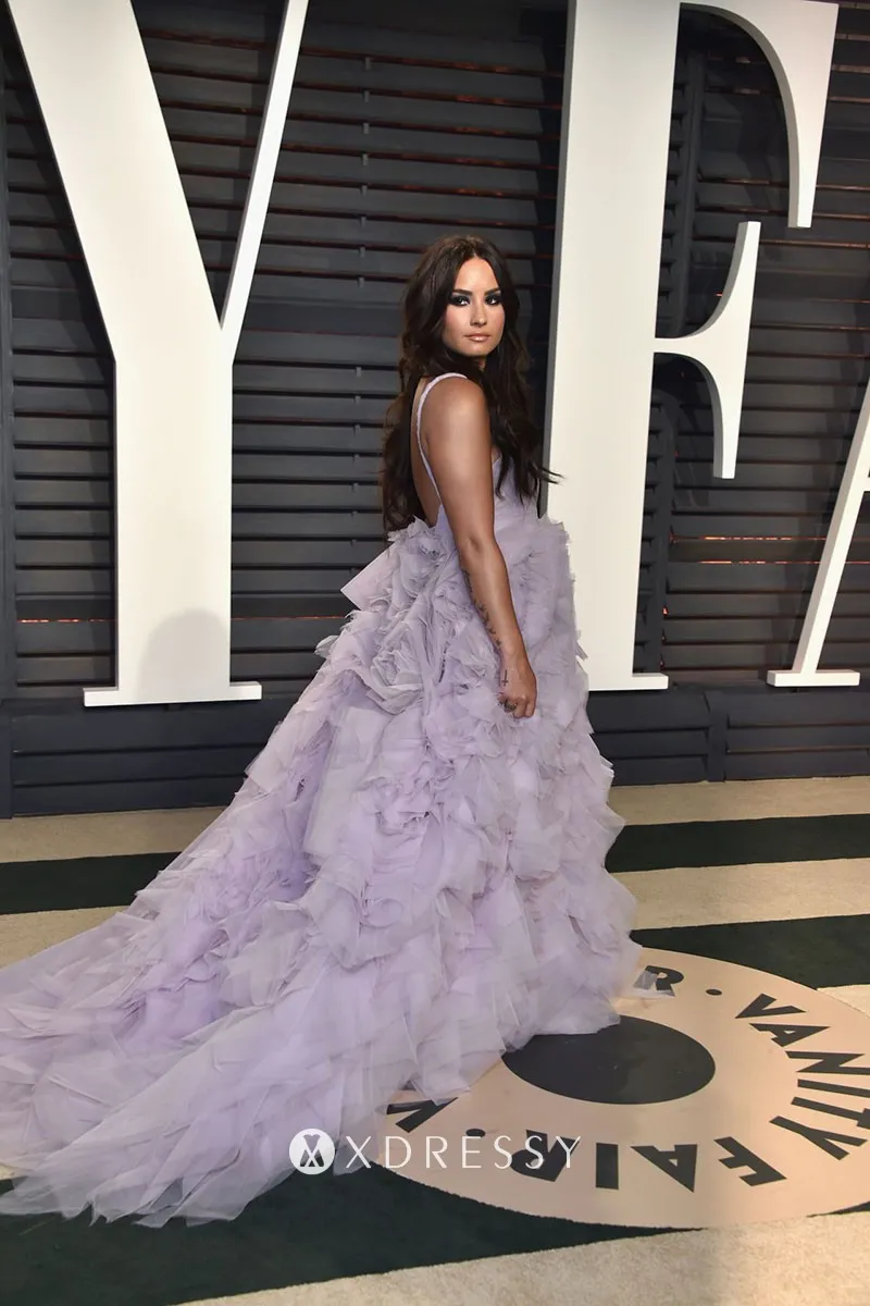 Demi Lovato cascading ruffled lavender organza red carpet prom gown Demi Lovato cascading ruffled lavender organza red carpet prom gown
