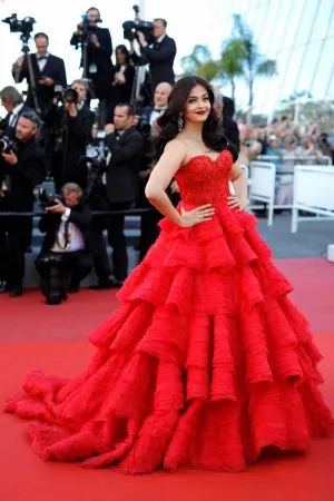 Aishwarya Rai Bachchan red lace red carpet ball gown at Cannes Film Festival 2017