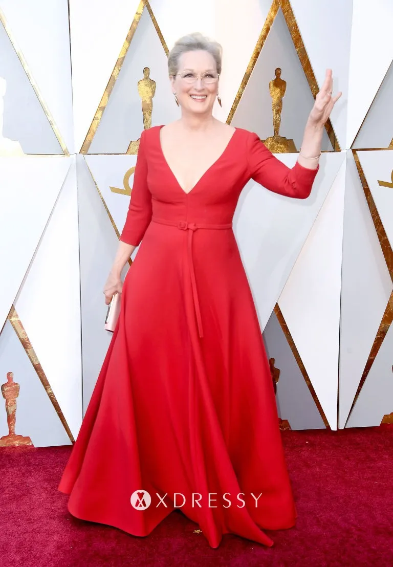 Meryl Streep 34 sleeve V neck celebrity red satin celebrity mother of the bride dress