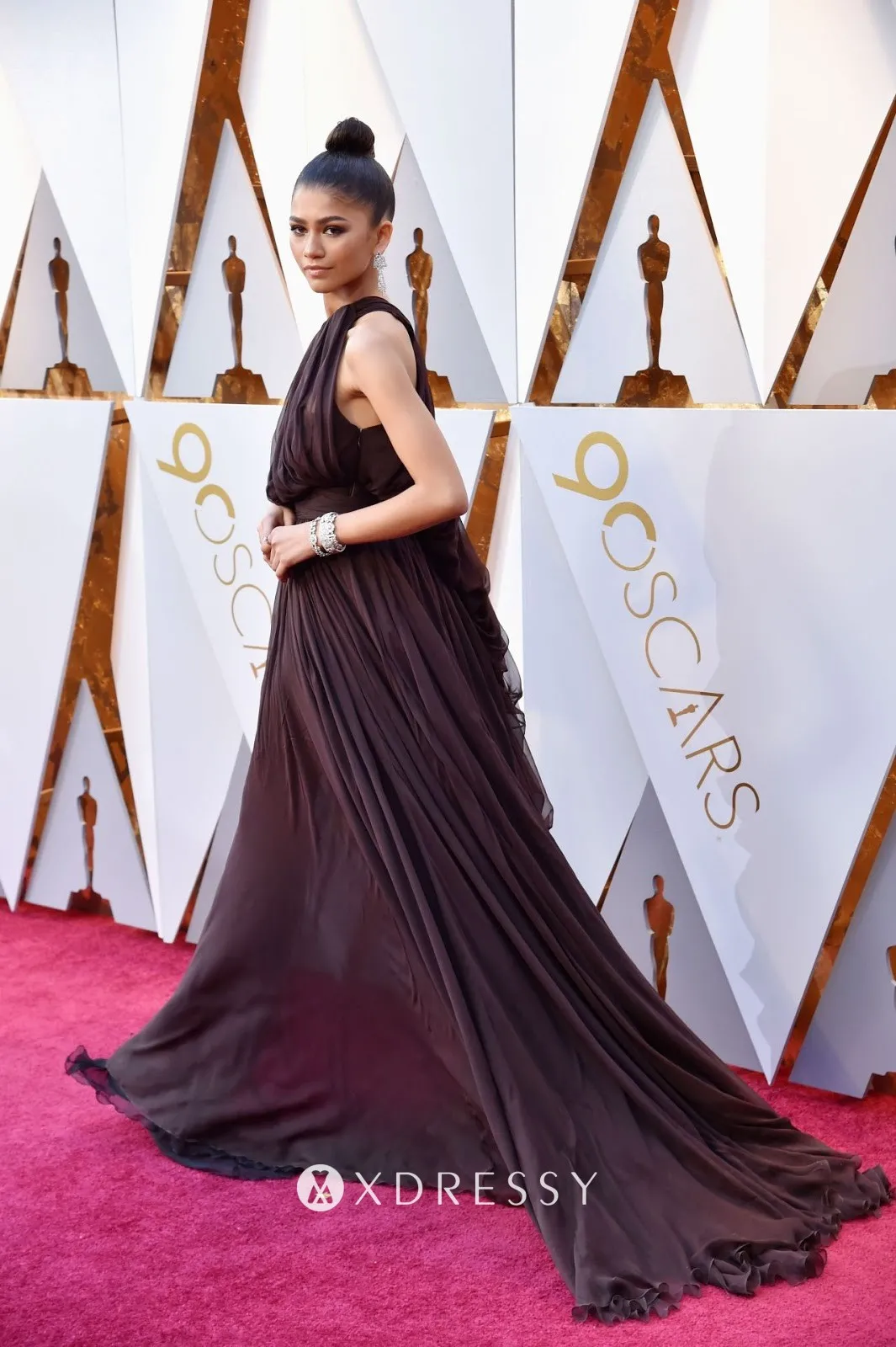 Zendaya chocolate chiffon red carpet prom dress