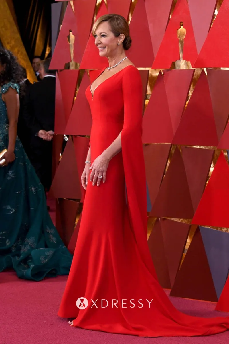 Allison Janney curved V neck split long sleeve red carpet evening dress
