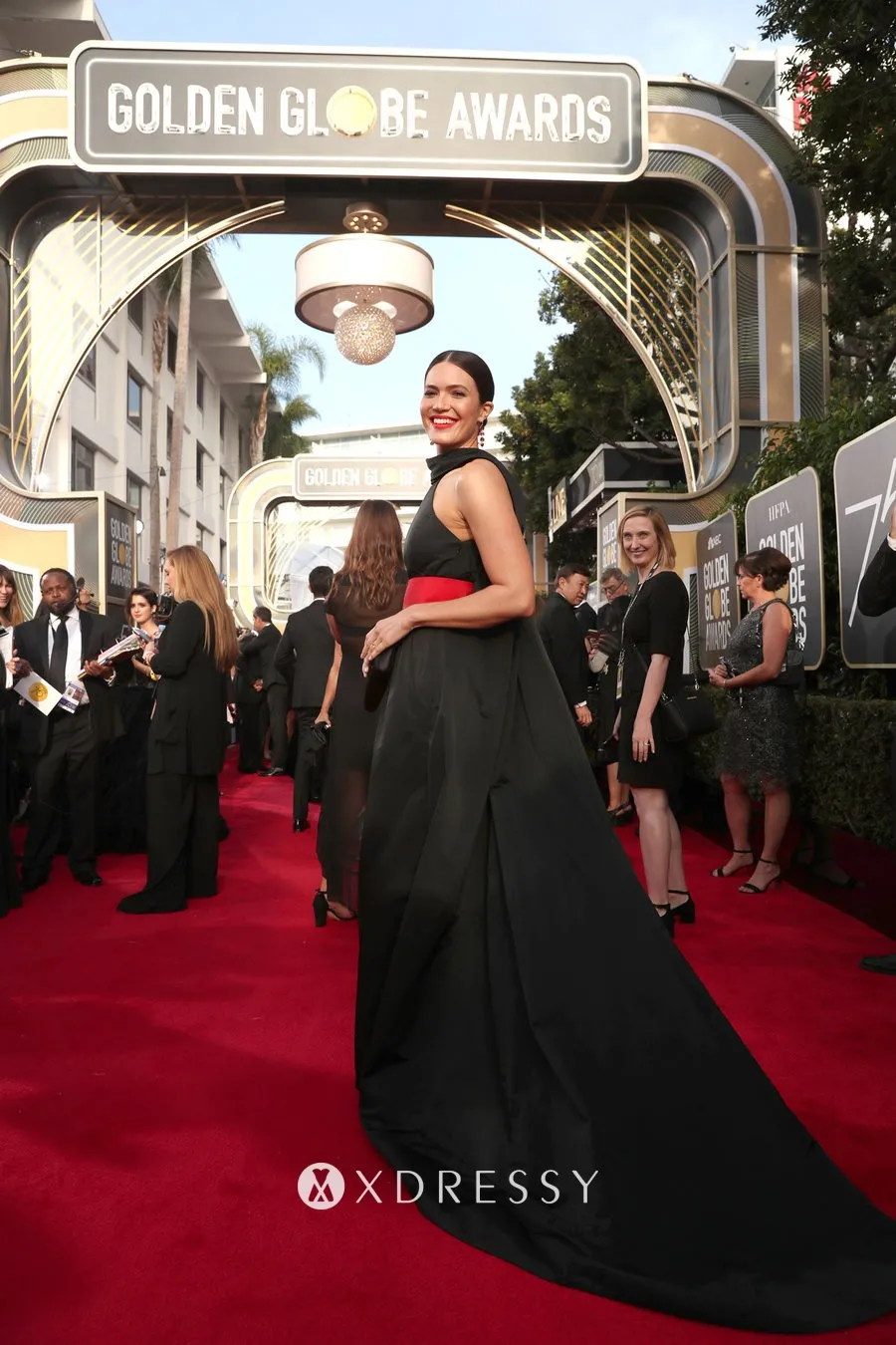 Mandy Moore black satin halter red carpet medium train celebrity dress