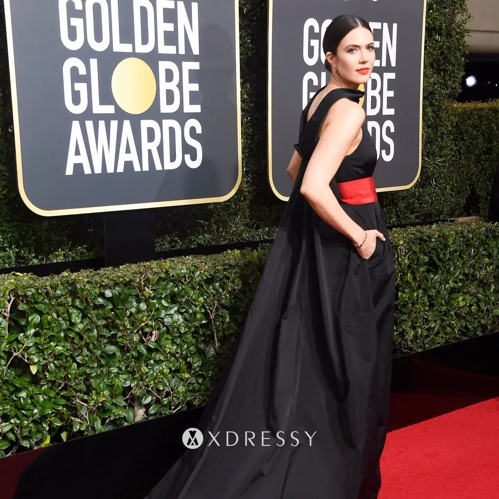 Mandy Moore black satin halter red carpet prom dress 2018 Golden Globe Awards