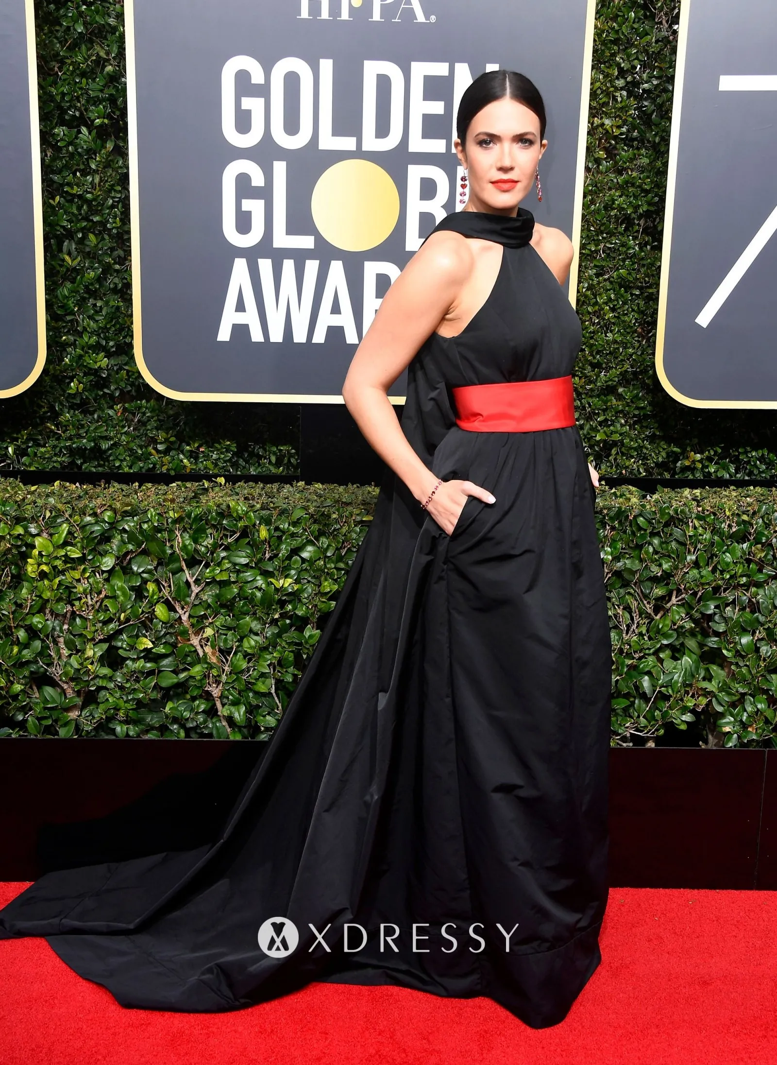 Mandy Moore black satin halter red carpet prom dress
