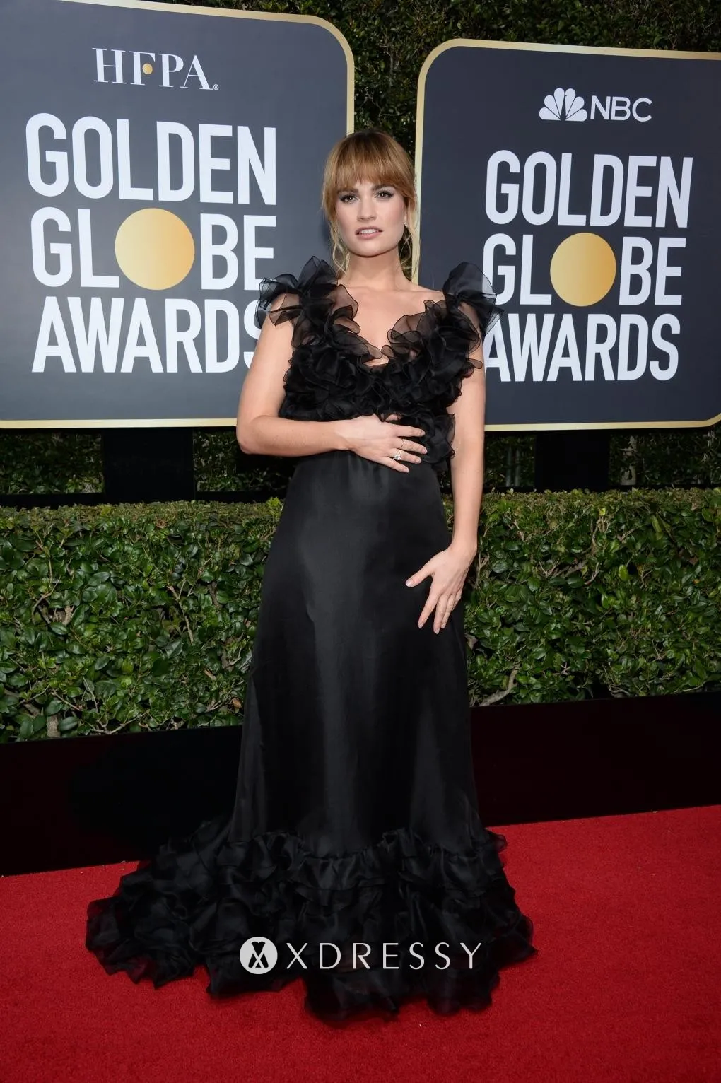 Lily James ruffled black red carpet dress for sale