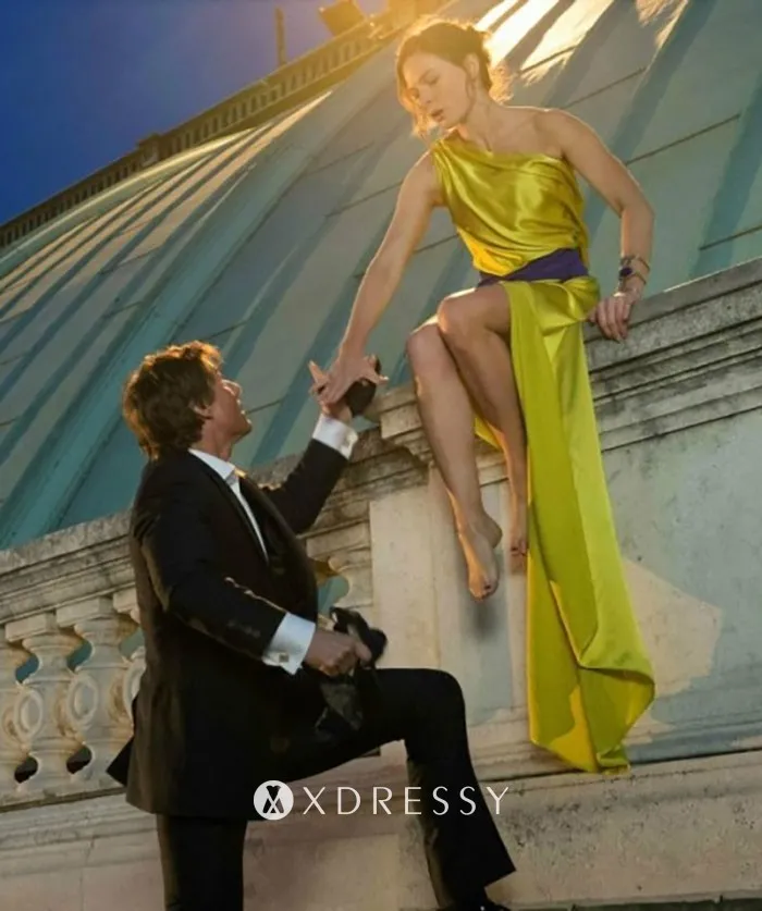 Rebecca Ferguson sage green satin semi formal party dress in Mission Impossible Rebecca Ferguson sage green satin semi formal party dress in Mission Impossible