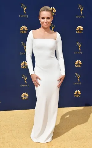 Kristen Bell white long sleeve red carpet dress at Emmys 2018