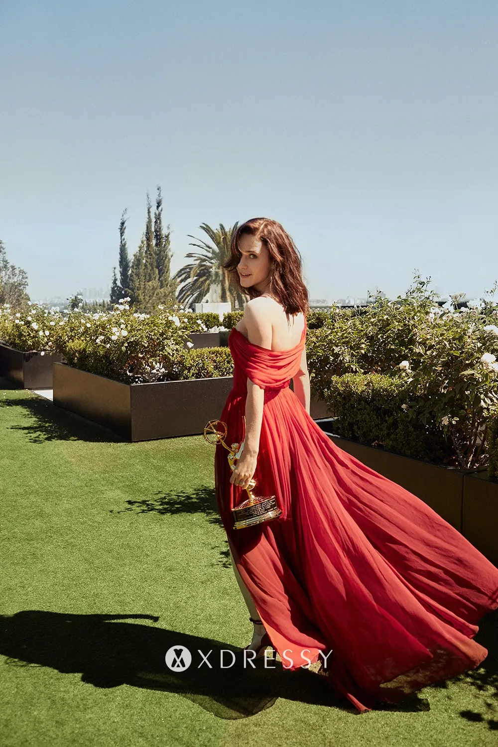 Rachel Brosnahan crimson chiffon long evening prom dress