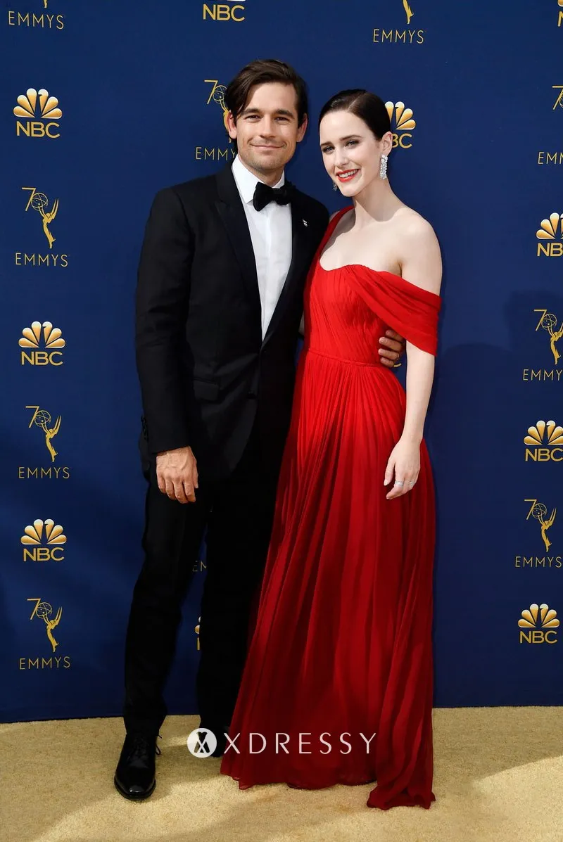 Rachel Brosnahan crimson ombre chiffon asymmetrical A line long evening dress