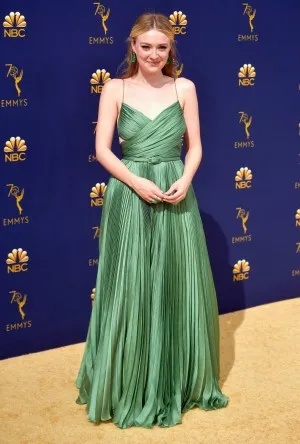 Dakota Fanning pleated green chiffon red carpet dress at Emmys 2018
