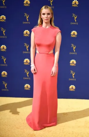 Betty Gilpin watermelon red carpet dress at Emmys 2018
