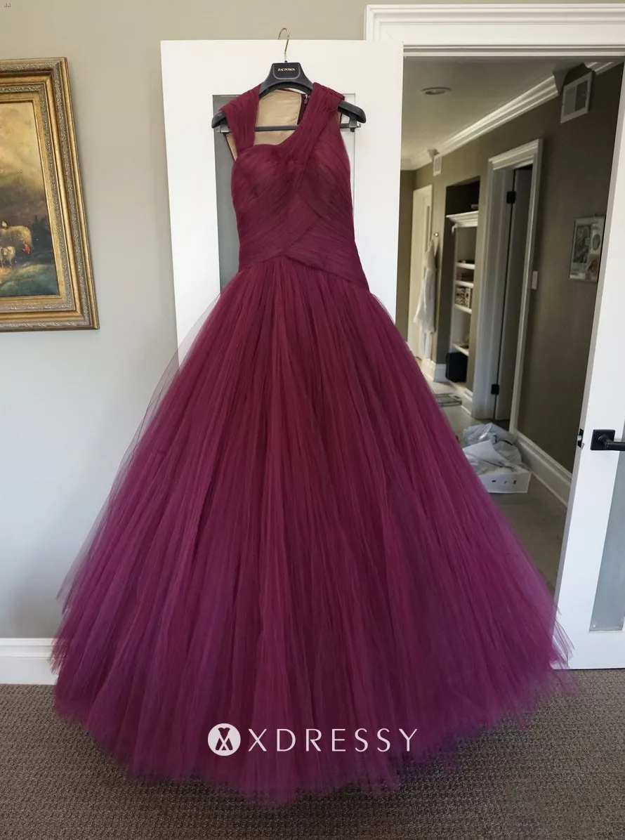 Asymmetrical pleated tulle ball gown formal prom dress