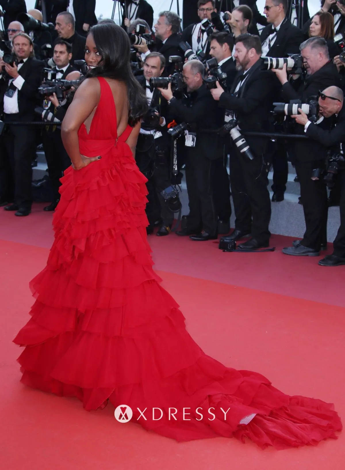 tiered ruffled red chiffon floor length long train prom dress