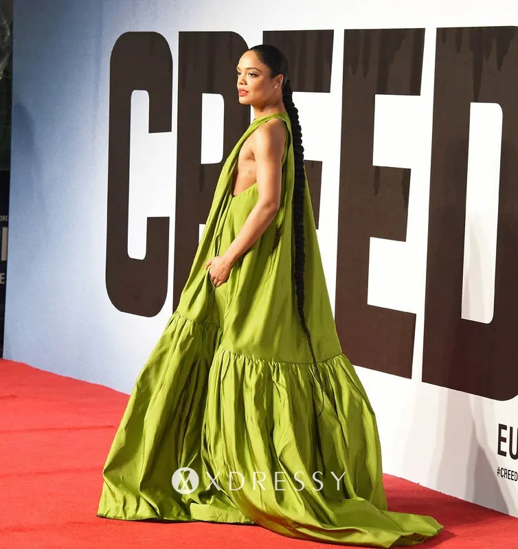 Sage green satin red carpet puffy prom gown